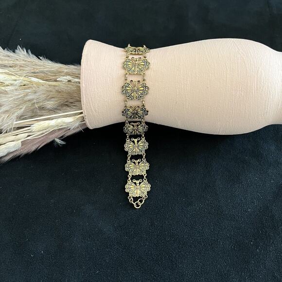 Vintage MCM Gold Tone Butterfly Link Bracelet Iridescent Finish 1960s–70s - Picture 2 of 10